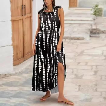 Женское летнее модное платье-майка А-силуэта без рукавов повседневное платье с цветочным принтом/однотонными карманами L чёрный