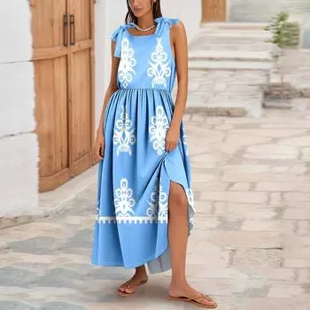 Женское летнее модное платье-майка А-силуэта без рукавов повседневное платье с цветочным принтом/однотонными карманами L