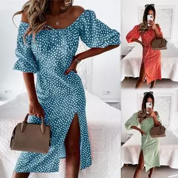 Женское летнее модное платье миди больших размеров с цветочным принтом и открытыми плечами, с половиной пышных рукавов S красный