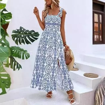 Женское летнее модное платье с бретельками и принтом без рукавов, длинное платье с разрезом, повседневные платья S синий