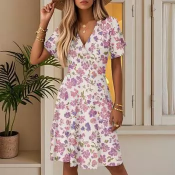 Женское летнее модное платье с цветочным принтом, повседневное пляжное платье-трапеция с V-образным вырезом, свободный сарафан XXL