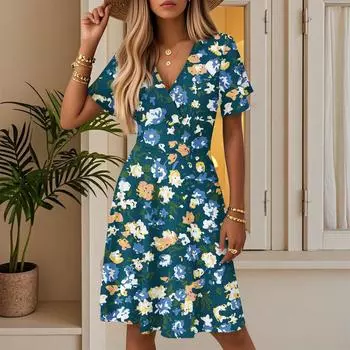 Женское летнее модное платье с цветочным принтом, повседневное пляжное платье-трапеция с V-образным вырезом, свободный сарафан L