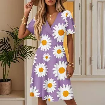 Женское летнее модное платье с цветочным принтом, повседневное пляжное платье-трапеция с V-образным вырезом, свободный сарафан M