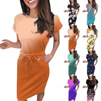 Женское летнее модное платье с градиентом и коротким рукавом с круглым вырезом XXL фиолетовый