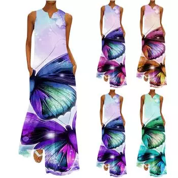 Женское летнее модное платье с карманом и пуловером без рукавов с v-образным вырезом и принтом L фиолетовый