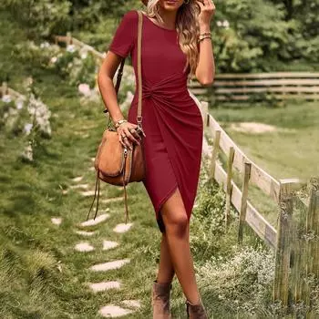 Женское летнее модное платье с коротким рукавом, круглым вырезом, плиссировкой, повседневное, приталенное, с разрезом, длинное пляжное платье XL красный