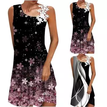 Женское летнее модное платье с открытыми плечами и круглым вырезом без рукавов с принтом L фиолетовый