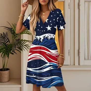 Женское летнее модное платье с принтом ко Дню независимости, повседневное пляжное А-силуэта с V-образным вырезом, свободный сарафан M
