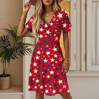 Женское летнее модное платье с принтом ко Дню независимости, повседневное пляжное А-силуэта с V-образным вырезом, свободный сарафан XXL красный