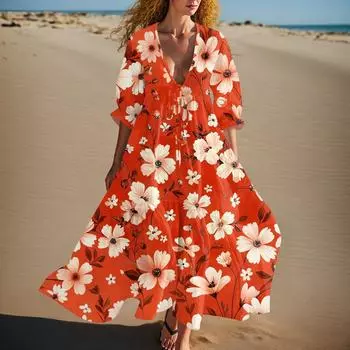 Женское летнее модное платье с V-образным вырезом, ретро цветочным принтом, короткими рукавами, пляжное платье с кружевной отделкой L оранжевый