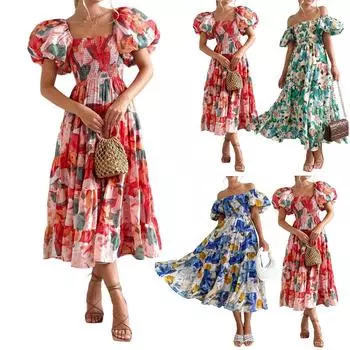 Женское летнее модное платье с высокой талией и открытыми плечами L синий