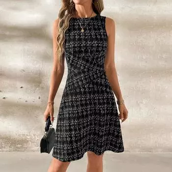 Женское летнее модное полосатое клетчатое платье с круглым вырезом без рукавов с цветными блоками на талии M чёрный