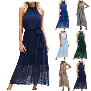 Женское летнее модное повседневное однотонное висячее платье с открытой спиной и ремнями XL синий