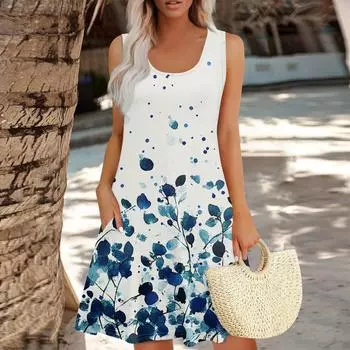 Женское летнее модное повседневное платье без рукавов с квадратным вырезом и принтом листьев, с карманами S синий