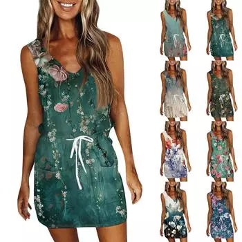 Женское летнее модное повседневное платье без рукавов с v-образным вырезом и карманами L