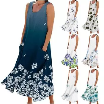 Женское летнее модное повседневное платье без рукавов с круглым вырезом и карманами, пляжное повседневное макси-сарафан S синий