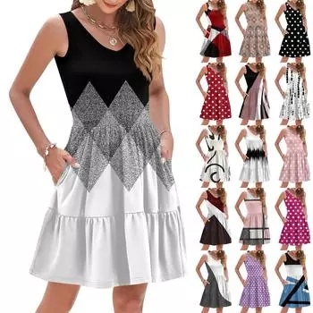 Женское летнее модное повседневное платье без рукавов с V-образным вырезом, складками, узором в горошек, цветными блоками, с принтом жилета S