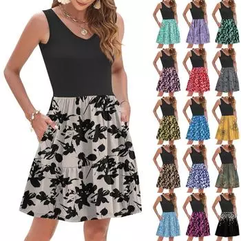 Женское летнее модное повседневное платье без рукавов с V-образным вырезом, плиссированное в стиле пэчворк, винтажный цветочный принт, жилет с карманом XL жёлтый