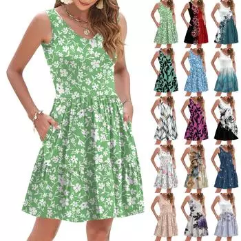 Женское летнее модное повседневное платье без рукавов с V-образным вырезом, плиссированное в стиле пэчворк, винтажный цветочный принт, жилет с карманом L зелёный