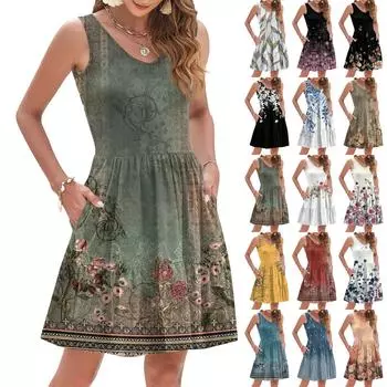 Женское летнее модное повседневное платье без рукавов с V-образным вырезом, плиссированное в стиле пэчворк, винтажный цветочный принт, жилет с карманом M