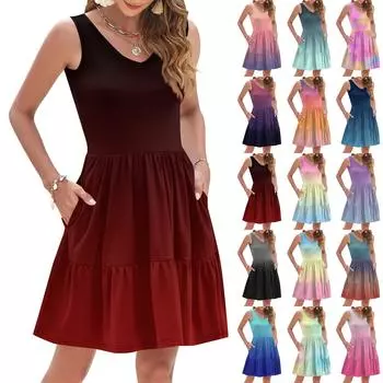 Женское летнее модное повседневное платье без рукавов с V-образным вырезом, плиссированное, в стиле пэчворк, с градиентным принтом тай-дай и карманом XL чёрный