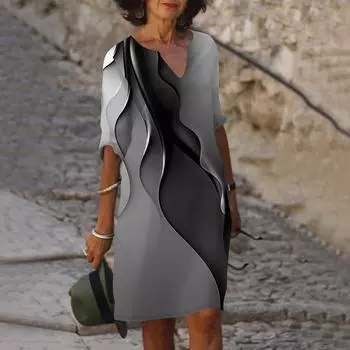 Женское летнее модное повседневное платье миди с v-образным вырезом и принтом, модное модное платье с половиной рукавов XXXL чёрный