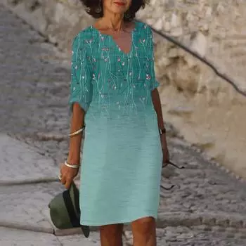 Женское летнее модное повседневное платье с v-образным вырезом и половиной рукавов с цветочным принтом XL циан