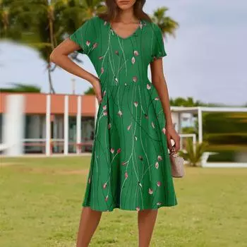 Женское летнее модное повседневное платье с цветочным принтом, V-образным вырезом, короткими рукавами и карманом L зелёный