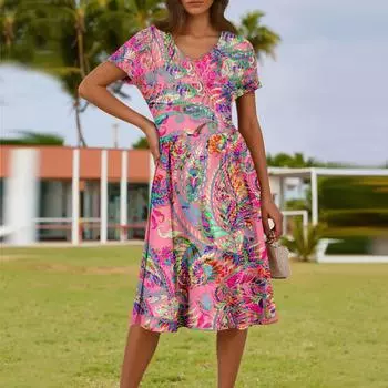 Женское летнее модное повседневное платье с цветочным принтом, V-образным вырезом, короткими рукавами и карманом XXL розовый