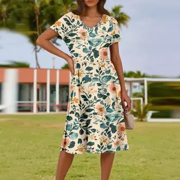 Женское летнее модное повседневное платье с цветочным принтом, V-образным вырезом, короткими рукавами и карманом L зелёный