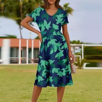 Женское летнее модное повседневное платье с цветочным принтом, V-образным вырезом, короткими рукавами и карманом S