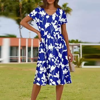 Женское летнее модное повседневное платье с цветочным принтом, V-образным вырезом, короткими рукавами и карманом M