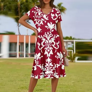 Женское летнее модное повседневное платье с цветочным принтом, V-образным вырезом, короткими рукавами и карманом L красный