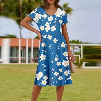 Женское летнее модное повседневное платье с цветочным принтом, V-образным вырезом, короткими рукавами и карманом XL синий