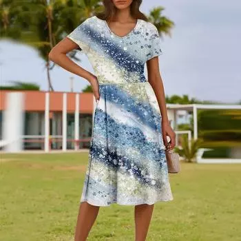 Женское летнее модное повседневное платье с цветочным принтом, V-образным вырезом, короткими рукавами и карманом L синий