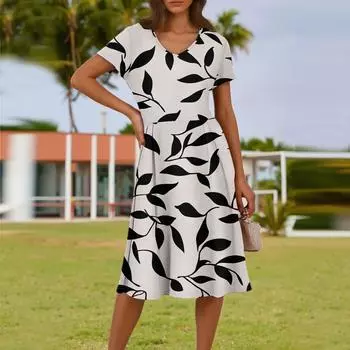 Женское летнее модное повседневное платье с цветочным принтом, V-образным вырезом, короткими рукавами и карманом XL бежевый