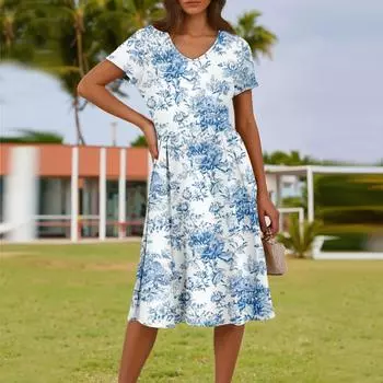 Женское летнее модное повседневное платье с цветочным принтом, V-образным вырезом, короткими рукавами и карманом L