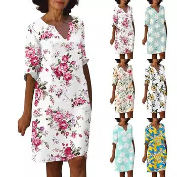 Женское летнее модное повседневное платье с v-образным вырезом и половиной рукавов с цветочным принтом L