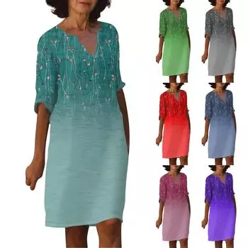 Женское летнее модное повседневное платье с v-образным вырезом и половиной рукавов с цветочным принтом L циан