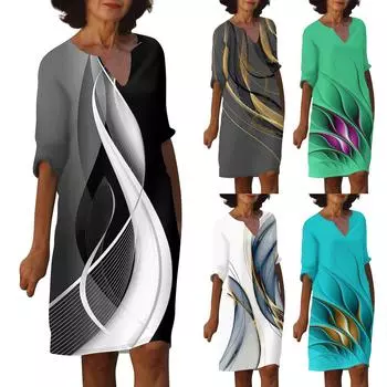 Женское летнее модное повседневное платье с v-образным вырезом и половиной рукавов с цветочным принтом L чёрный