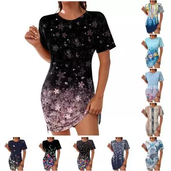 Женское летнее модное повседневное платье с цветочным принтом и круглым вырезом с коротким рукавом M чёрный