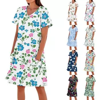 Женское летнее модное повседневное платье с V-образным вырезом и цветочным принтом, короткими рукавами и карманами M