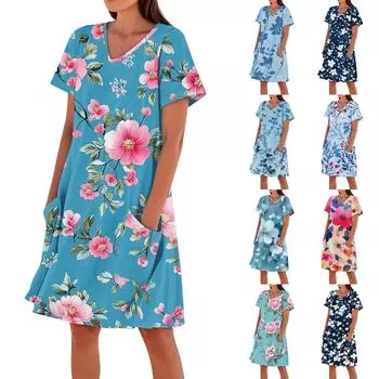 Женское летнее модное повседневное платье с V-образным вырезом и цветочным принтом, короткими рукавами и карманами M оранжевый