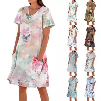 Женское летнее модное повседневное платье с V-образным вырезом и цветочным принтом, короткими рукавами и карманами S синий