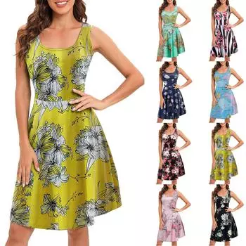 Женское летнее модное повседневное платье трапециевидной формы без рукавов с круглым вырезом и принтом растений, пляжный жилет без рукавов L красный