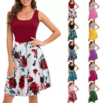 Женское летнее модное повседневное платье трапециевидной формы без рукавов с круглым вырезом и принтом растений, пляжный жилет без рукавов M синий