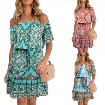 Женское летнее модное повседневное платье-трапеция с принтом в стиле бохо, с вырезом-лодочкой, короткими рукавами, присборенной резинкой на талии L зелёный