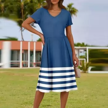 Женское летнее модное повседневное платье в полоску с принтом, V-образным вырезом и короткими рукавами, с карманами M синий