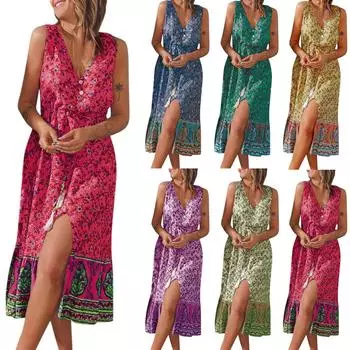 Женское летнее модное повседневное платье в стиле бохо с цветочным принтом и V-образным вырезом и разрезом на талии без рукавов S синий