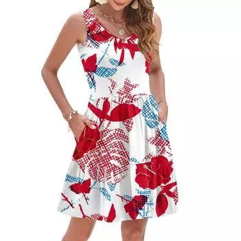 Женское летнее модное повседневное платье-жилет без рукавов с V-образным вырезом, плиссировкой и гавайским цветочным принтом L